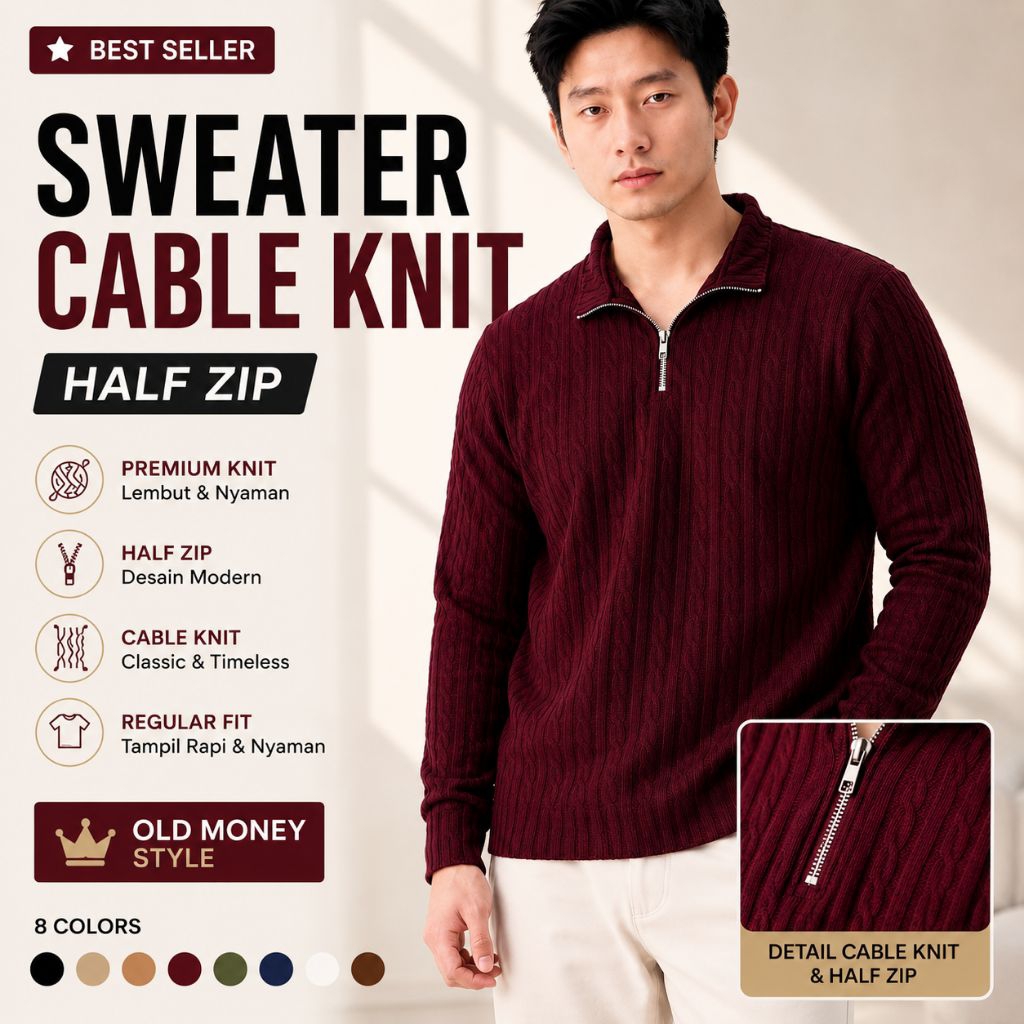 SVN CLUB Sweater Pria Cable Knit Half Zip Premium Sanvanina I Sweater Rajut Korean Style Old Money
