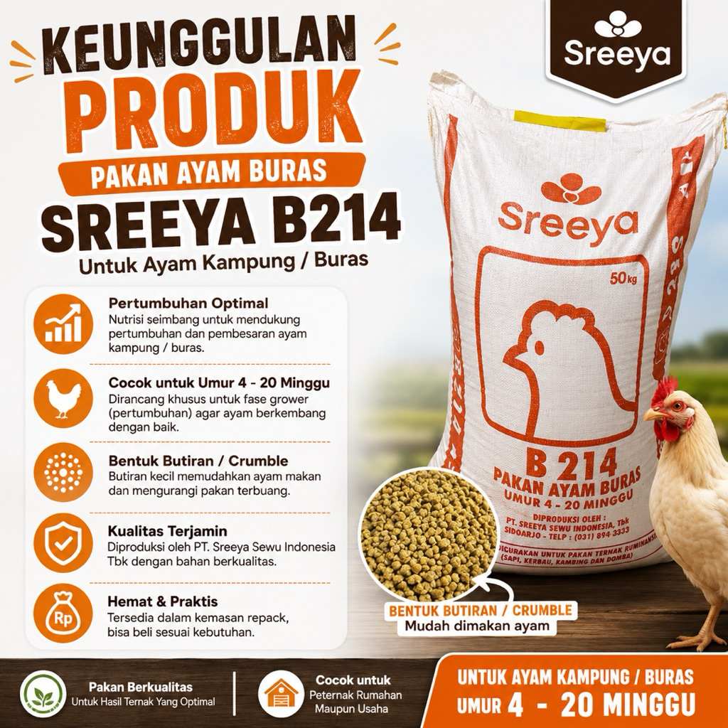 Pakan Ayam Buras Sreeya B214 Repack 5kg | Pakan Ayam Kampung Grower 4-20 Minggu Butiran