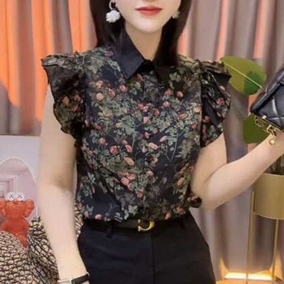 Blus kemeja sifon bunga Cina baru