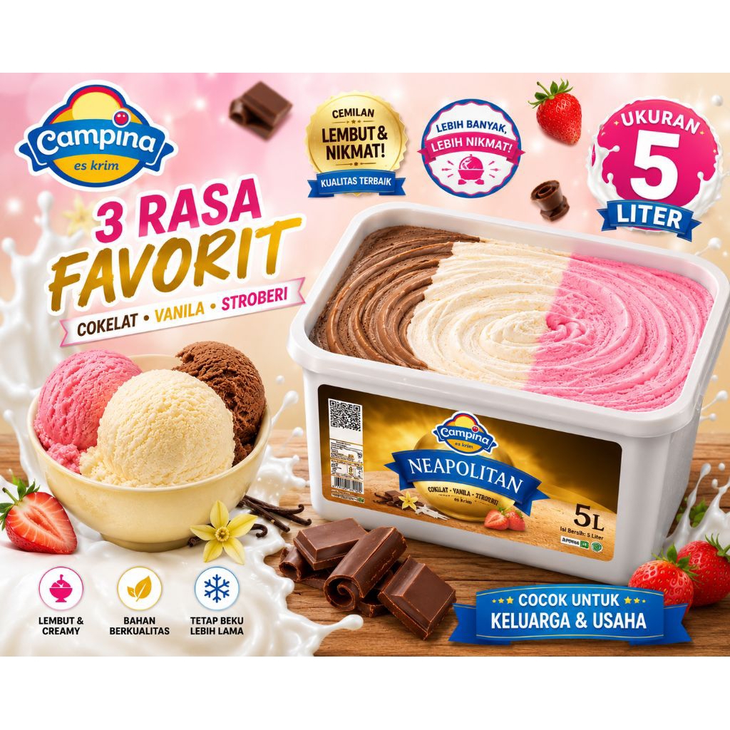 ICE CREAM CAMPINA NEOPOLITAN 5L / ICE CREAM NEAPOLITAN CAMPINA /  ICE CREAM CAMPINA 3RASA ESKRIM CAM