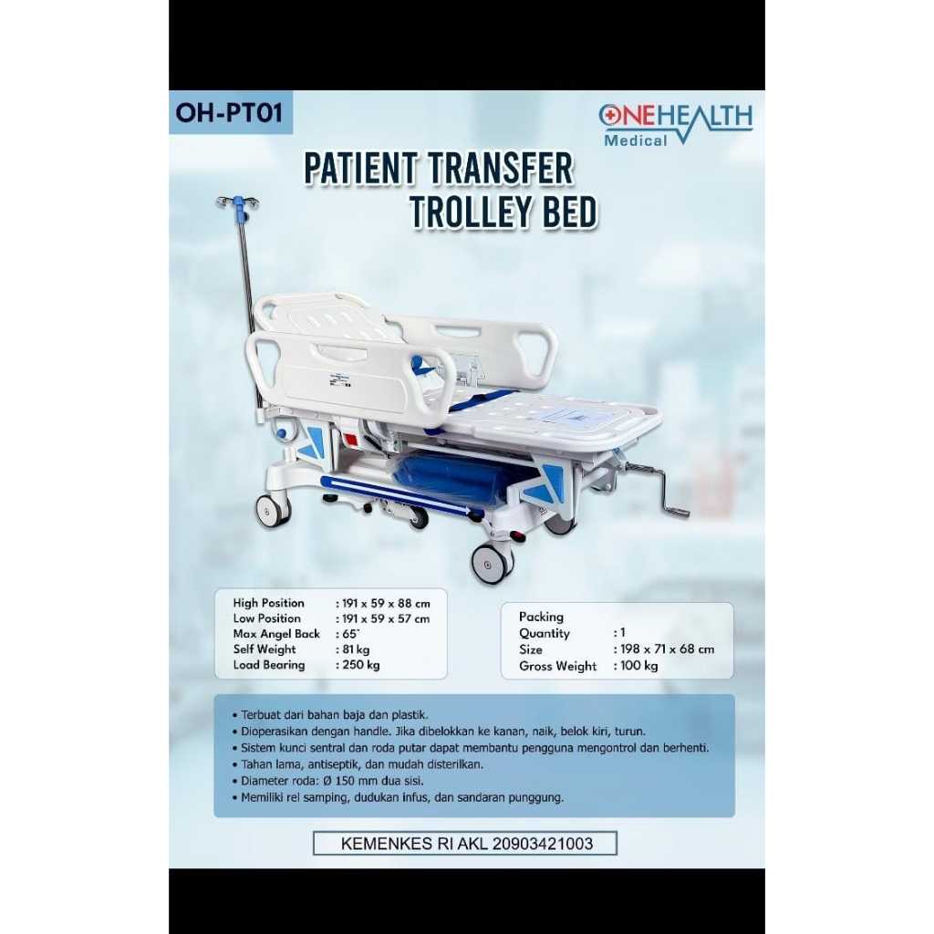 Bed Patient Transfer Trolley Bed / Emergency Bed / Bed Transfer Pasien Onehealth  /Transfer Stretche