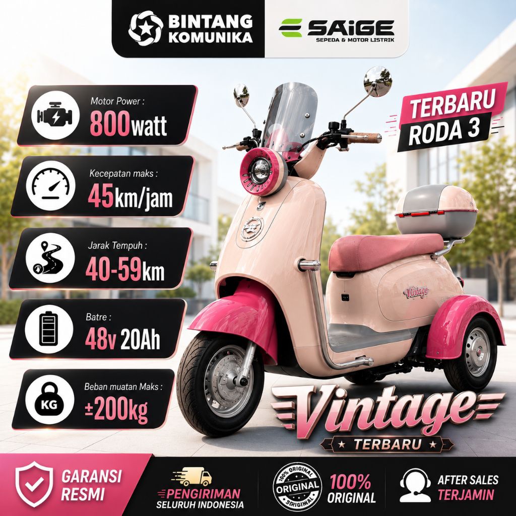 TERBARU SEPEDA LISTRIK Roda 3 SAIGE VINTAGE dan AURORA 800Watt 48v/20Ah - Box Trendy - Jok Lipat Dep