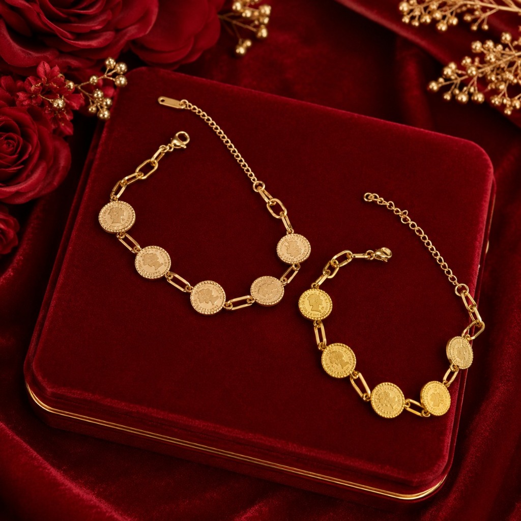 GELANG TITANIUM RANTAI DESAIN COIN RATU ELIZABETH FASHION ANTI LUNTUR & ANTI KARAT(COD)