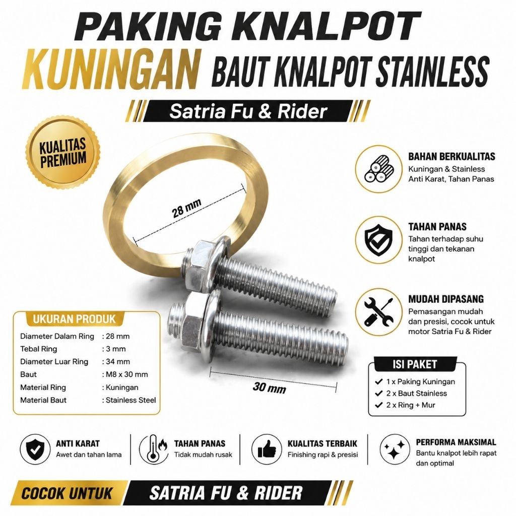 Paking Knalpot Kuningan Padat Satria Fu dan Baut Tanam Knalpot Stainlees Steel 304 Satria fu