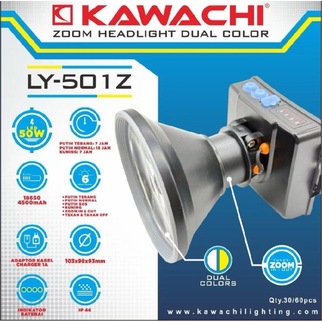 ly-501z senter kepala kawachi 50watt senter kepala dua cahaya putih dan kuning senter kepala zoom ka