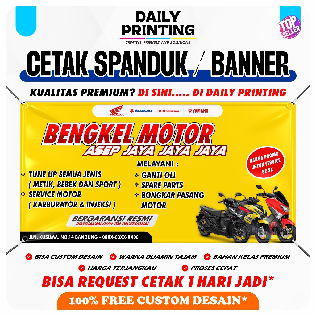 CETAK SPANDUK FREE CUSTOM DESAIN - SPANDUK BENGKEL MOTOR  - SPANDUK BANNER PROMOSI JASA BENGKEL MOTO