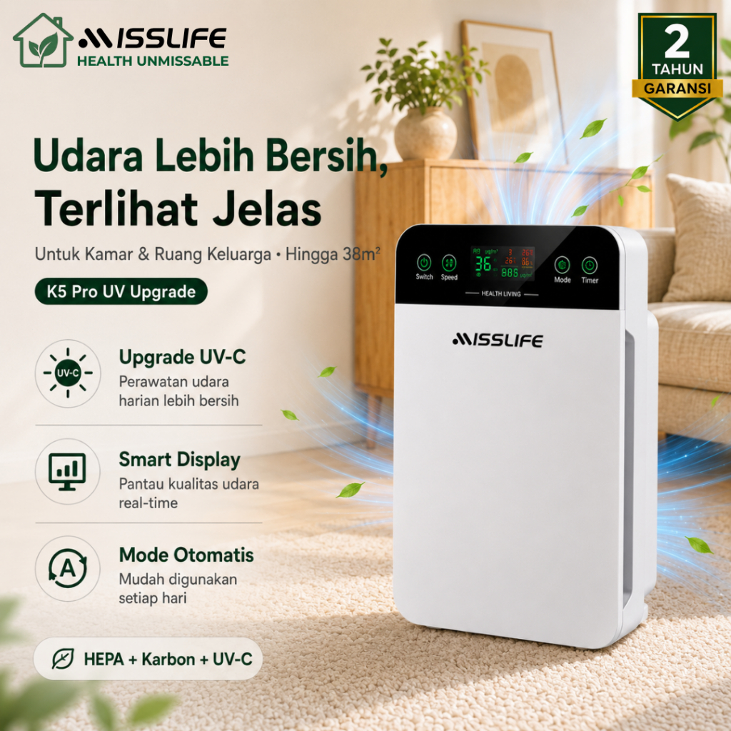 [Ready Stock ]Miss Life Air Purifier Pembersih Udara Ruangan HEPA Filter Karbon Aktif UV-C Penyaring