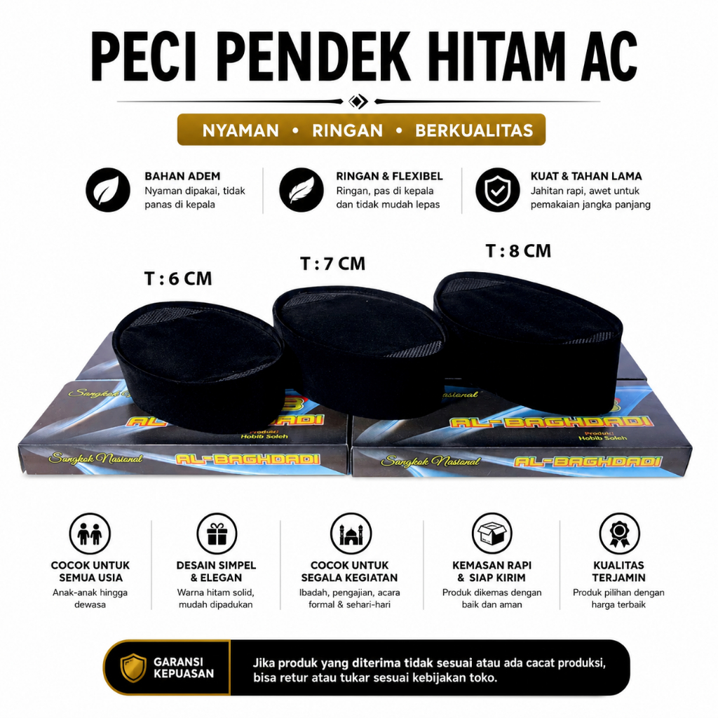 Peci Pendek Ac/Tinggi 6 7 8 cm/Peci Cak Lontong/Songkok Hitam Pendek/Peci Hitam Pendek/Peci Pendek
