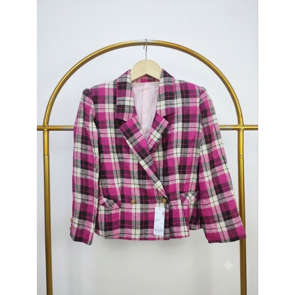 (NEW) Blazer crop Tartan pink fanta magenta hitam size S LD88-90 premium kotak kotak kancing Gold do