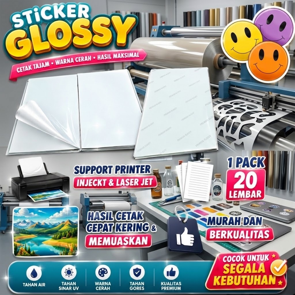 [ ATK GROSIR ] KERTAS STICKER GLOSSY A4 | KERTAS STICKER ISI 20 LEMBAR | STICKER 125 GSM | STICKER M