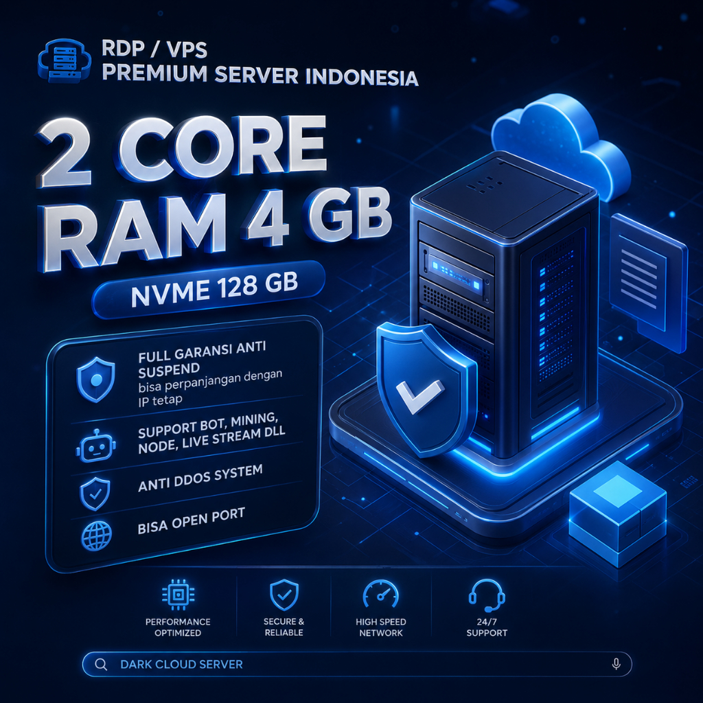 RDP / VPS Ram 4GB 2 Core / 2 VCPU Ram 4 GB Bulanan Mingguan Harian Murah Windows / Linux Full Admini