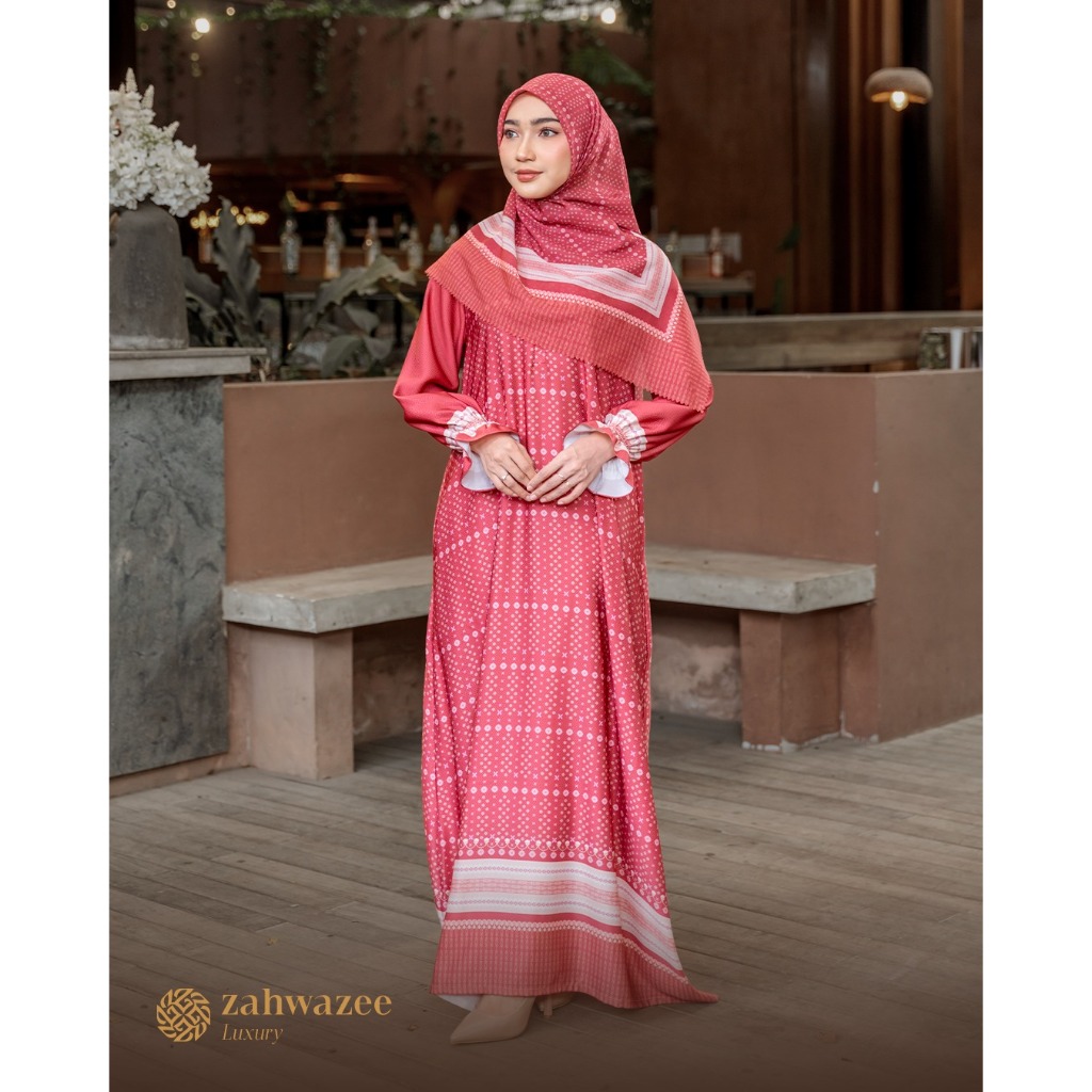 ZAHWAZEE HAFIZA Dress Muslimah Motif Premium | Dress Bahan Doby Silk/Scarf Bahan Ultrafine 120x120cm