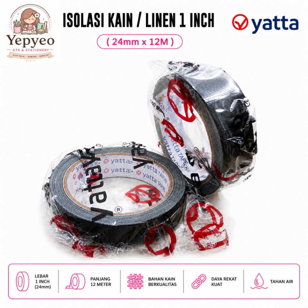 Isolasi Kain Hitam Yatta 24mm 1 Inch Cloth Tape Linen