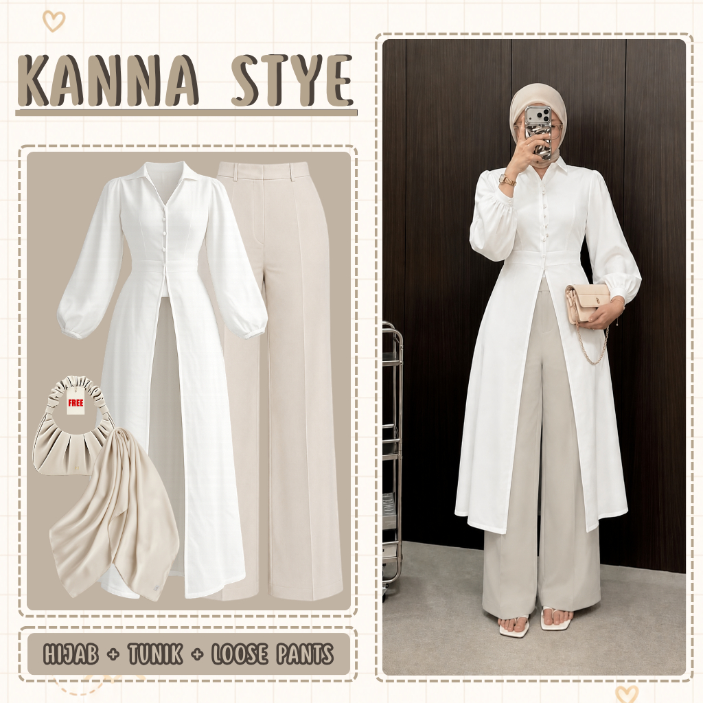 Setelan Wanita 3 In 1 Tunik Putih | One Set Hijab OOTD Korean Style Baju Lebaran Kekinian