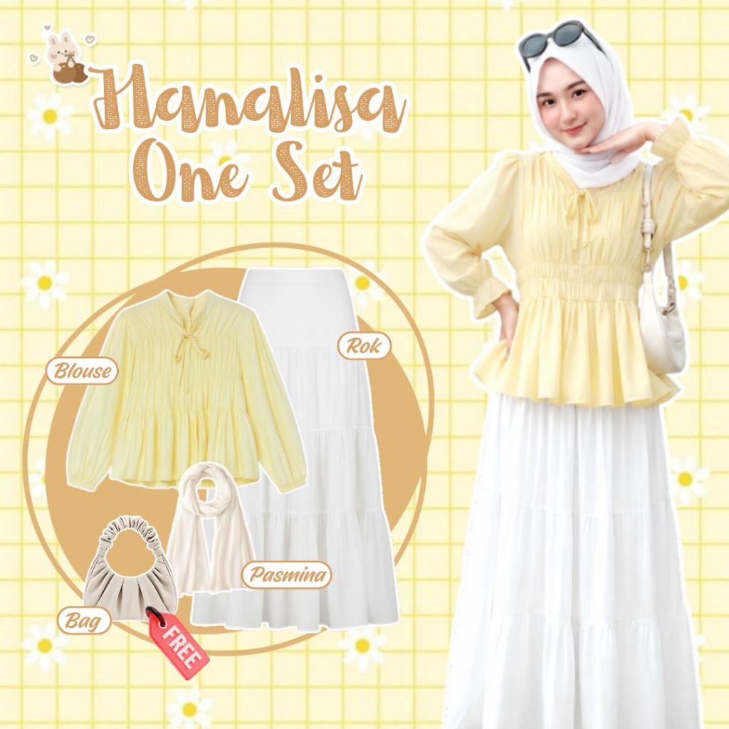 Hanalisa One Set ( Atasan Kuning Pastel + Rok Ruffle Susun + Pasmina Ceruti ) Outfit Korean Style