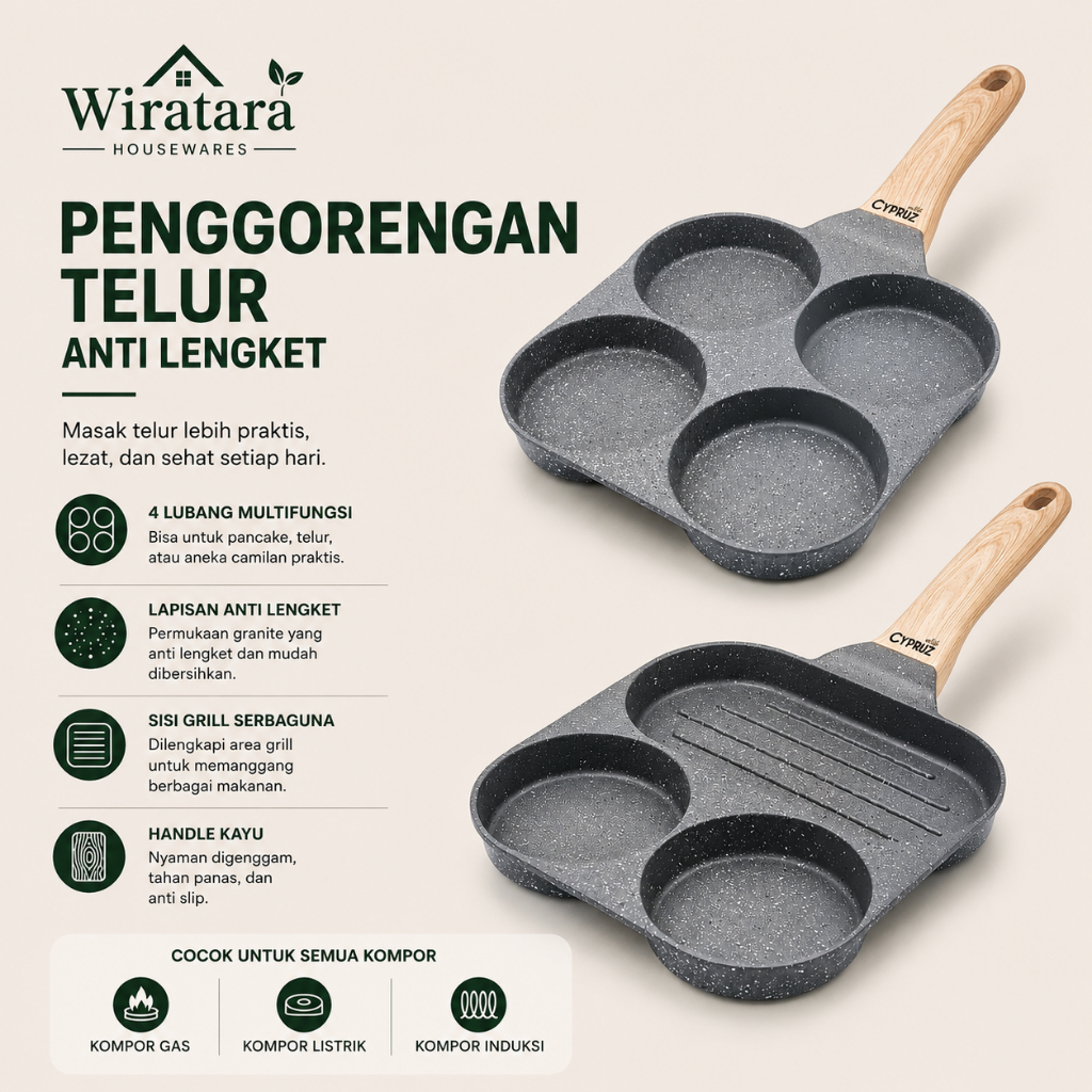 Cypruz Penggorengan Telur 4 Lubang Anti Lengket | Fry Pan Telur 3 Lubang Keramik | Egg Pan