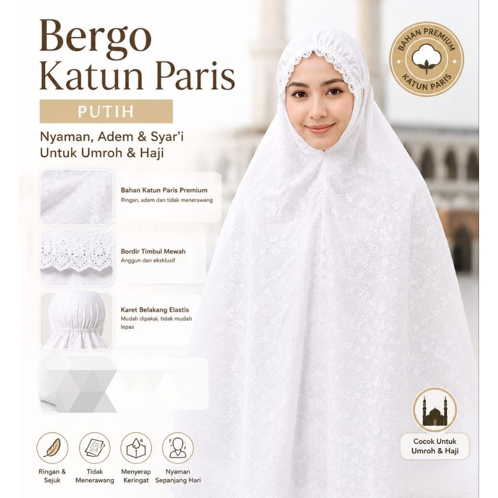 Bergo Full bordir Motif putih katun paris putih
