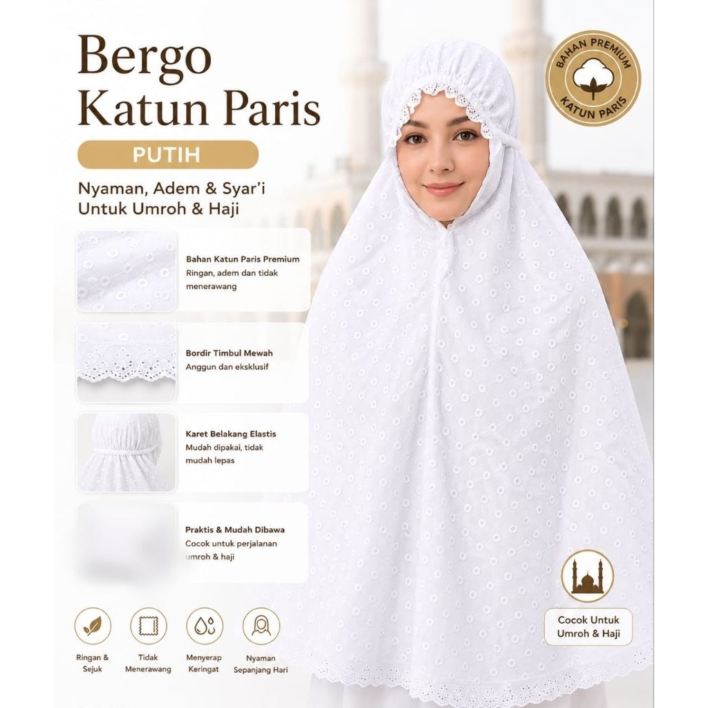 Bergo Full bordir Motif putih katun paris