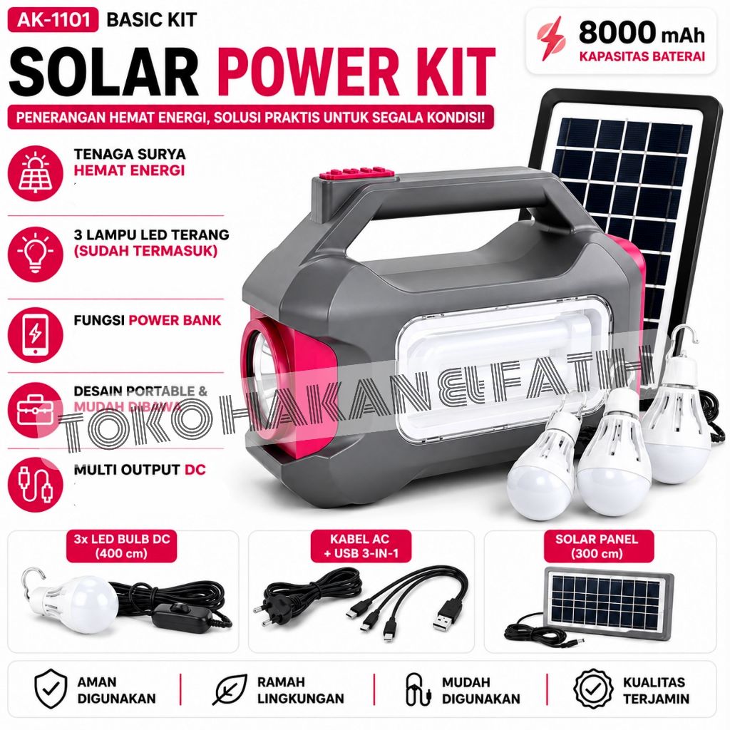 Promo~Lampu Tenaga Surya Basic KIT 3 Lampu | AOKI AK-1101, Kapasitas Baterai 8000mAh , 3 Lampu LED S