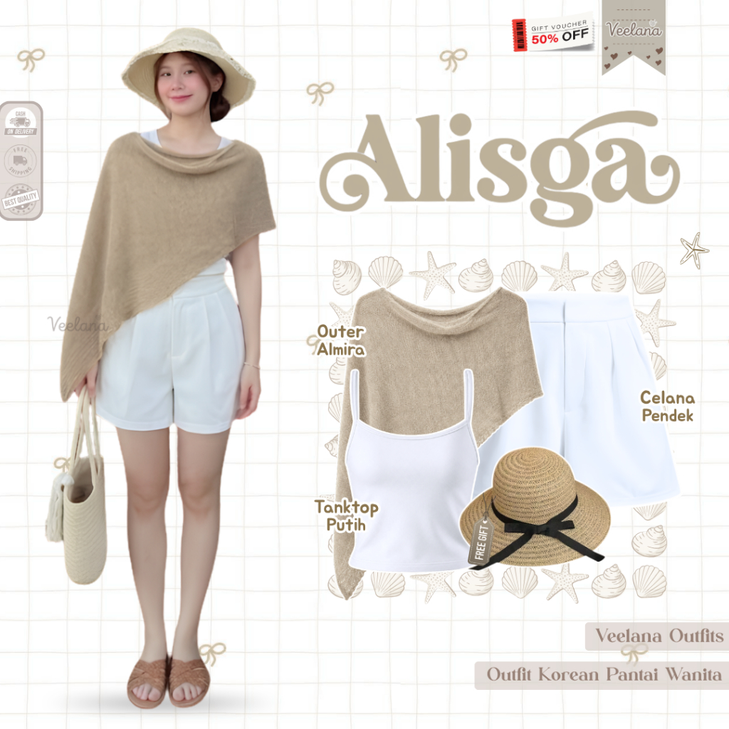 Outfit Liburan Pantai Pendek Wanita ( Tangtop Putih, Outer Poncho, Celana Pendek Putih Polos ) OOTD 