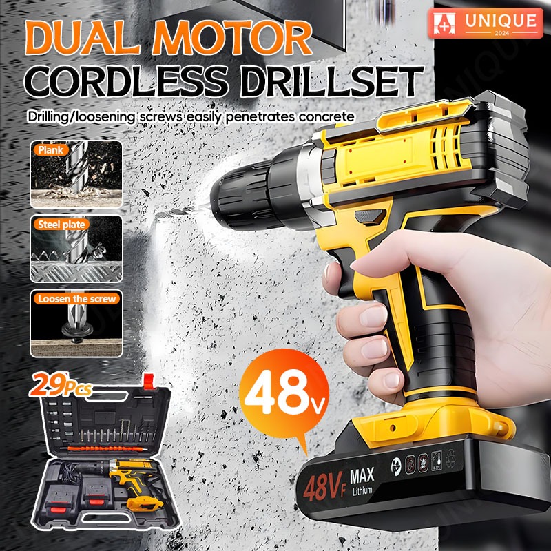 48V Pengeboran Impact Cordless Drill Driver Kit Hand Drill 2 Speed Screwdriver Power Drill Impact Dr