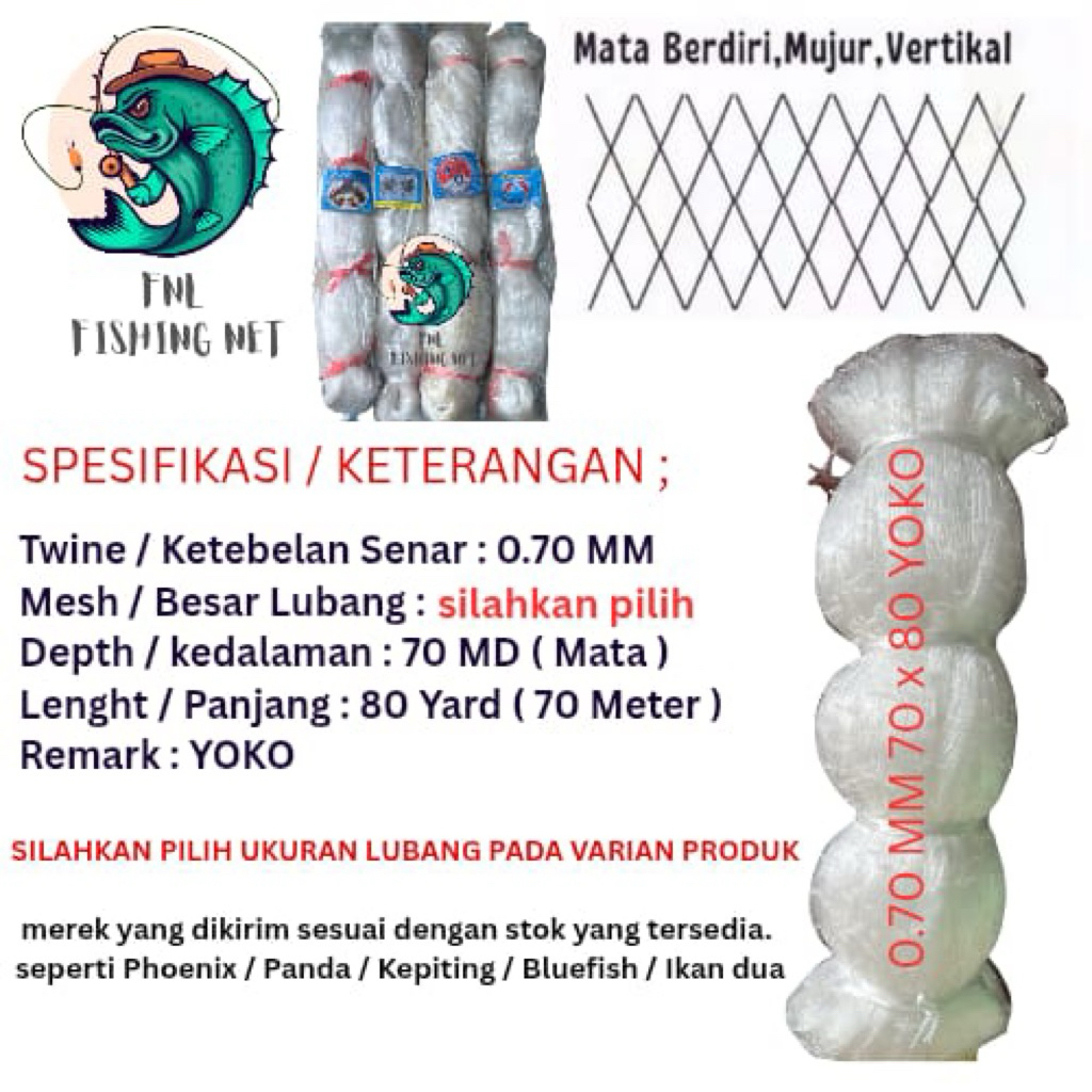 jaring ikan bahan senar nilon 0,70 mm 70 x 80 ( lubang langsung pilih ) YOKO