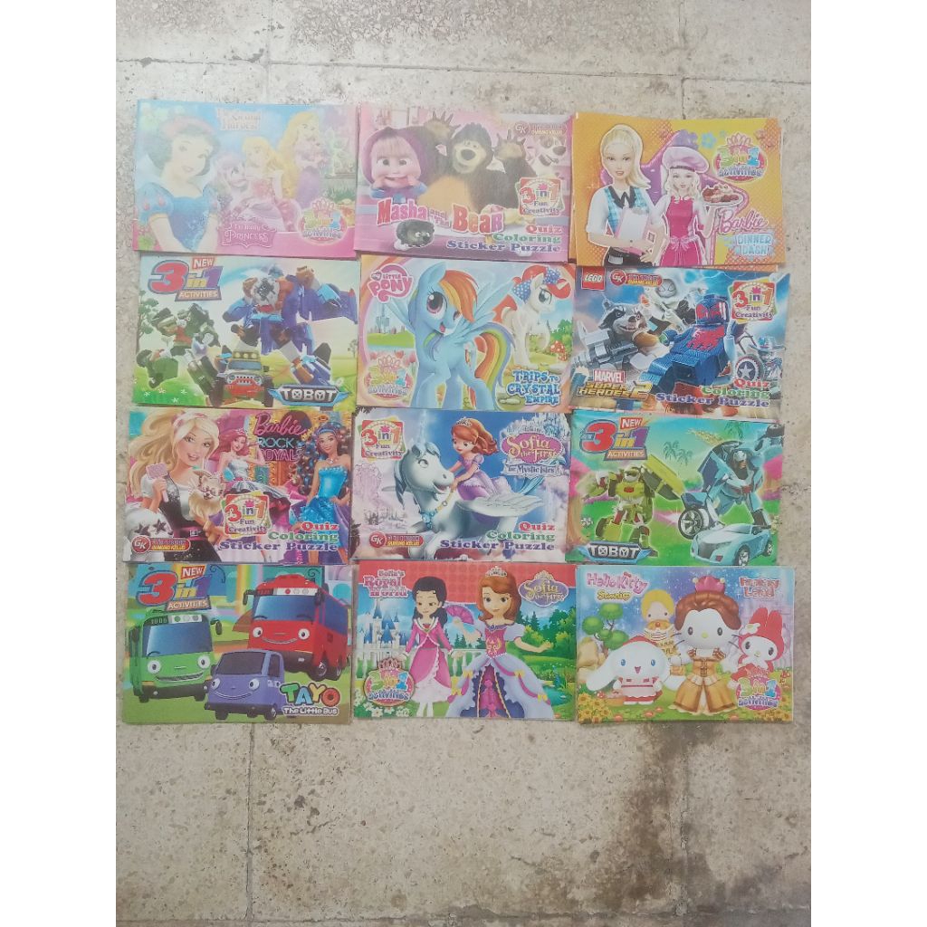 Buku Aktivitas Warna dan Stiker (3 in 1) Buku Gambar Anak Mewarnai seri Tayo,Sofia the first,tobot,B