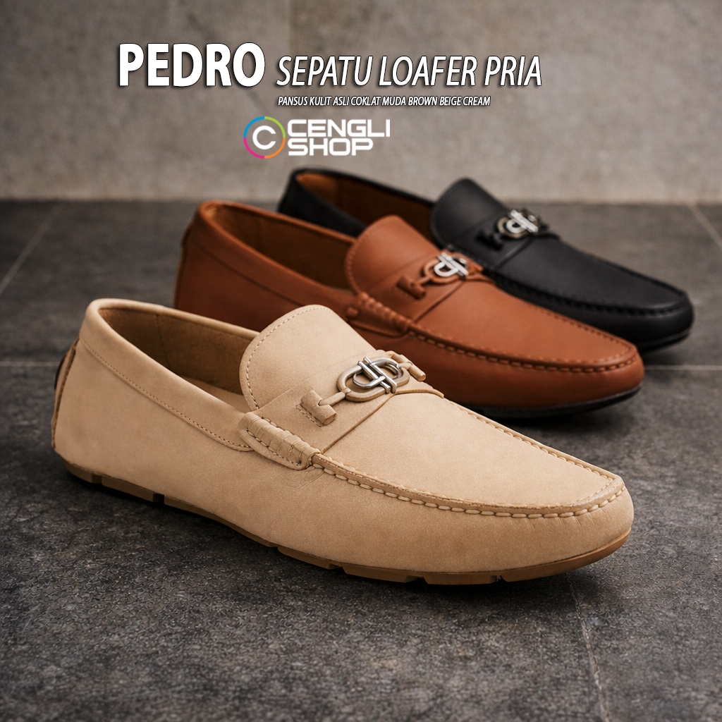 PM177 PEDRO SEPATU LOAFER PRIA ORIGINAL PANSUS KULIT ASLI ORI COKLAT MUDA BROWN BEIGE CREAM