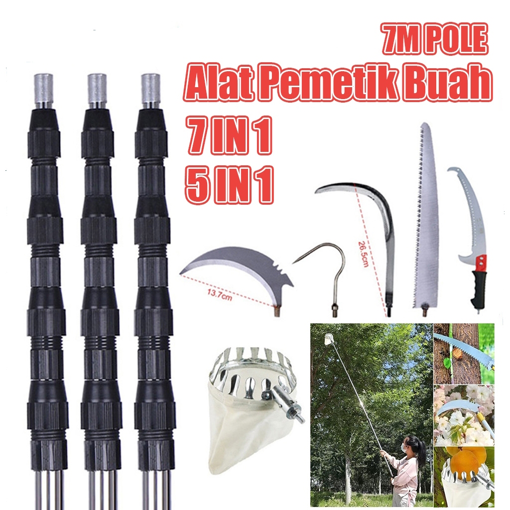 7M6/5in1 Alat Pemetik Buah Alat Berkebun Pemetik Buah Tongkat Teleskopik Jaring Buah Tongkat Pemetik