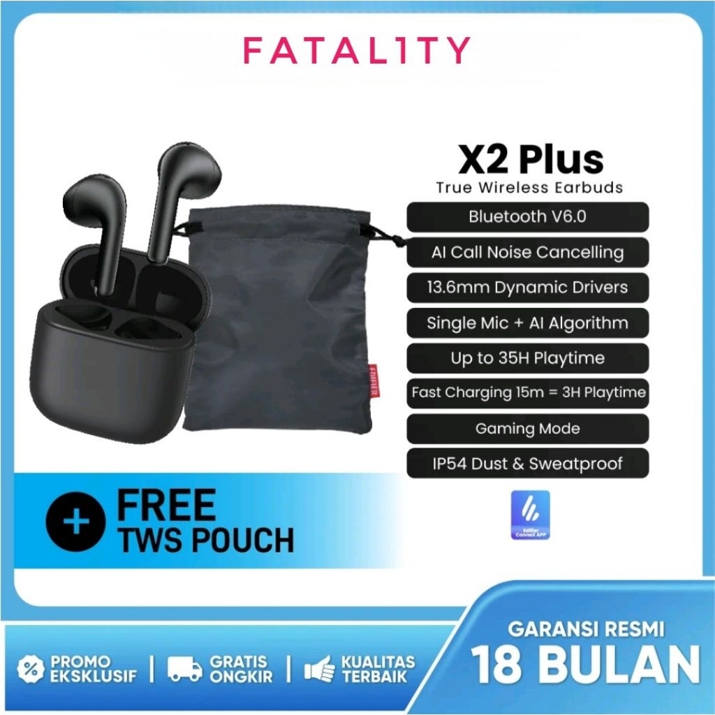 EDIFIER X2 PLUS NEW BNIB IP54 BLUETOOTH 6.0 LOW LATENCY 28HOUR PLAYTIME 13,6MM DYNAMIC DRIVER EDIFIE