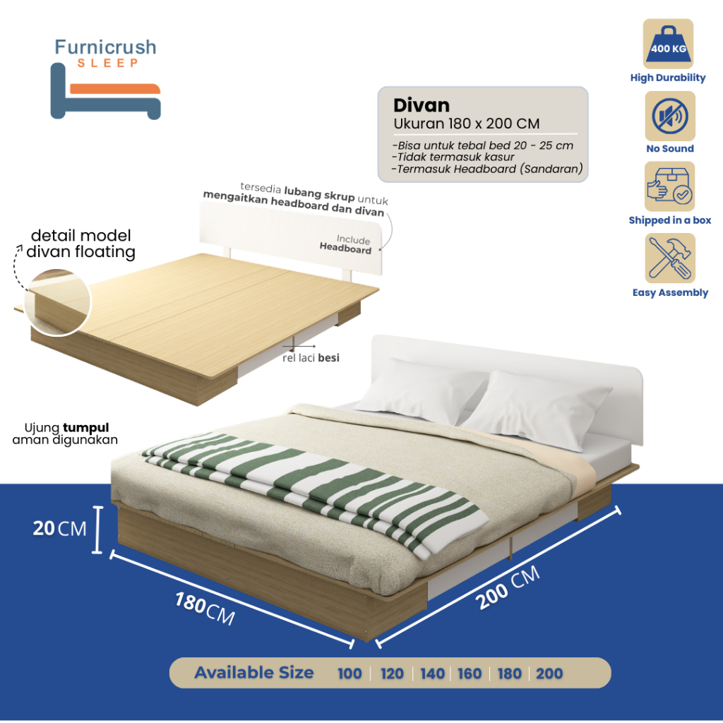 Furnicrush Sleep Dipan Kasur 180 X 200 / Ranjang Tempat Tidur / Divan 180 / Dipan Laci / Divan King 