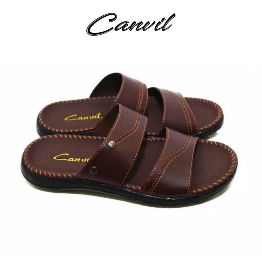 Sandal Pria Carvil Slop / Jepit Kulit Jahitan Double Terbaru