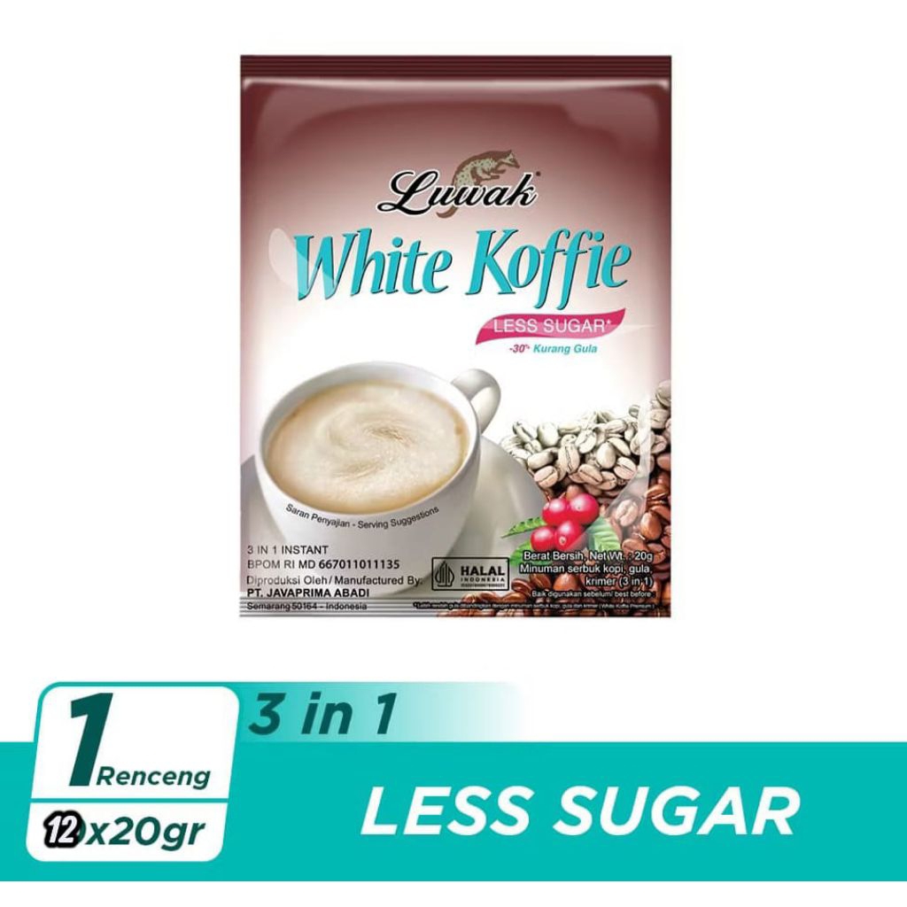 LUWAK WHITE KOPI LESS SUGAR RENCENG ISI 12 SACHET X 20 GRAM / KOPI LUWAK / KOPI / COFFEE