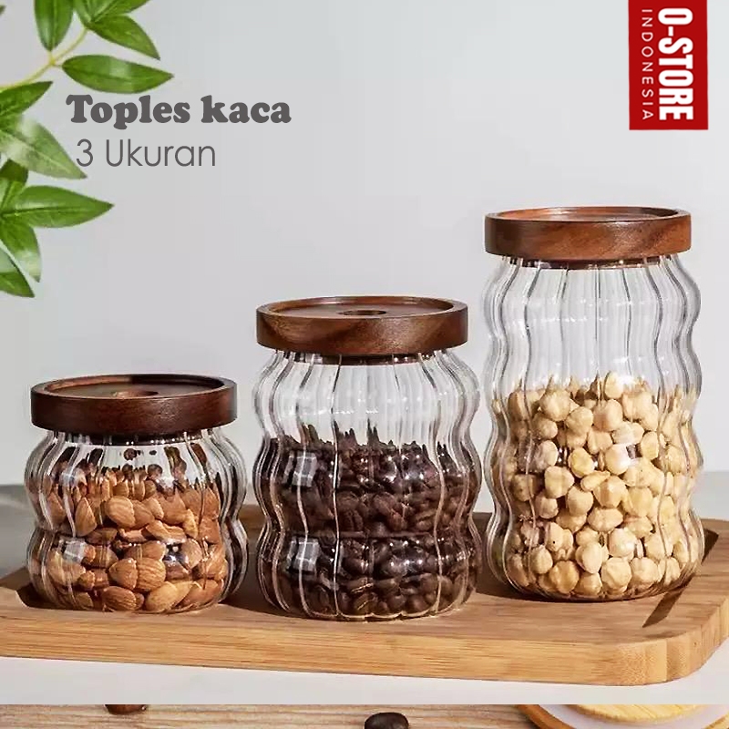 NEW Toples Kaca Estetik Jar Kaca Tutup Kayu Toples Makanan Toples Kue Kering Stoples Kaca Tempat