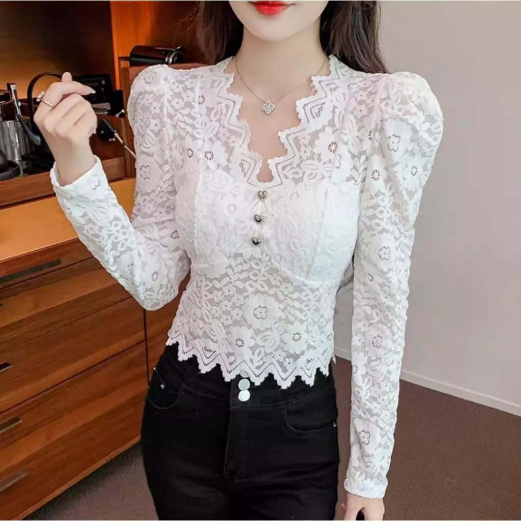 Blouse Brokat Wanita Korean Style Lengan Panjang Import | Atasan Lace Putih Elegant Fit Body Premium