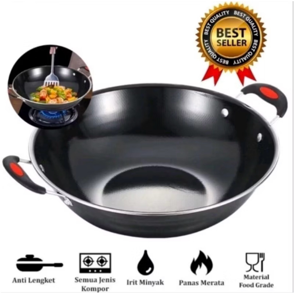 ( Free Kardus & Bublewrap ) Wajan Enamel Hitam 34 Murah | Wajan Anti Lengket Baja | Kwali Penggoreng