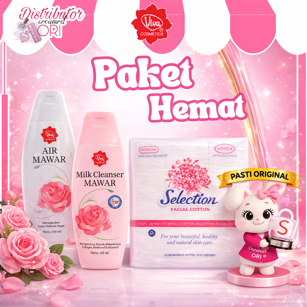 PAKET BUNDLE  VIVA AIR MAWAR 100ML + VIVA MILK CLEANSER MAWAR 100ML + KAPAS KOTAK { 3PCS } | ORIGINA