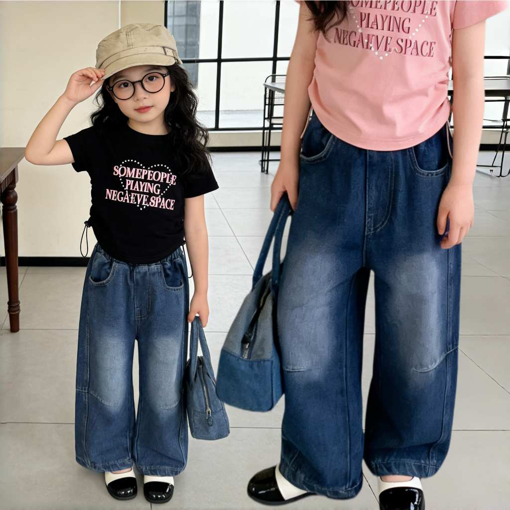 Setelan Anak Perempuan Kaos + Celana Jeans Kulot Fashion Korea Set Baju Anak Cewek Outfit Anak Cewek