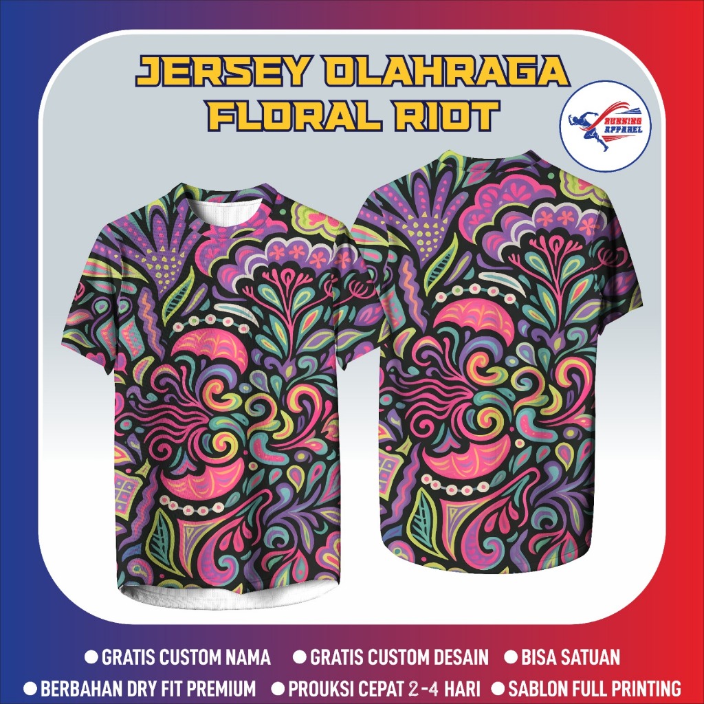 JERSEY OLAHRAGA FLORAL RIOT - Baju Olahraga Running Dryfit Full Printing