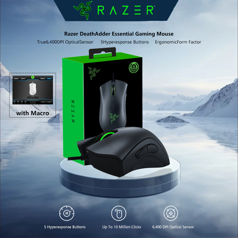 Razer DeathAdder Essential White or Black Essential Gaming Mouse With 6,400 DPI Optical Sensor Rubbe