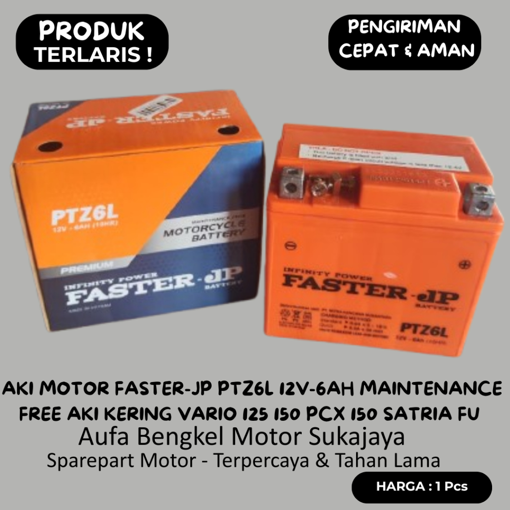 Aki Motor FASTER-JP PTZ6L 12V-6Ah Maintenance Free Aki Kering Vario 125 150 PCX 150 Satria FU CBR 15