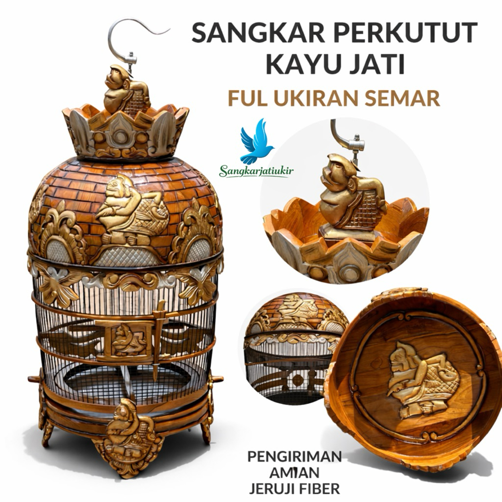 BEST SELLER – Sangkar Perkutut Kayu Jati Full Ukiran Semar Jeruji Fiber Pengiriman Aman