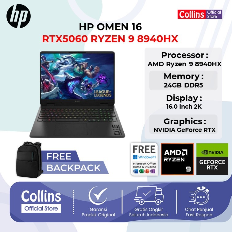 HP OMEN 16 RTX5060 RYZEN 9 8940HX 24GB 1TB W11+OHS 16.0 2K 165HZ 100SRGB
