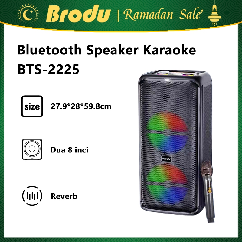 Speaker Karaoke Brodu BTS-2225 Dual 8 Inch Woofer dengan Mic Wireless & LED Warna-Warni - Speaker Pa