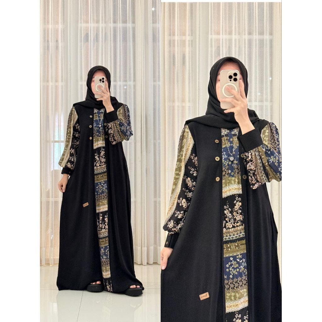 DRESS/GAMIS TWILL ORI BY NADHEEFA STORE | HITAM LENGAN BALON