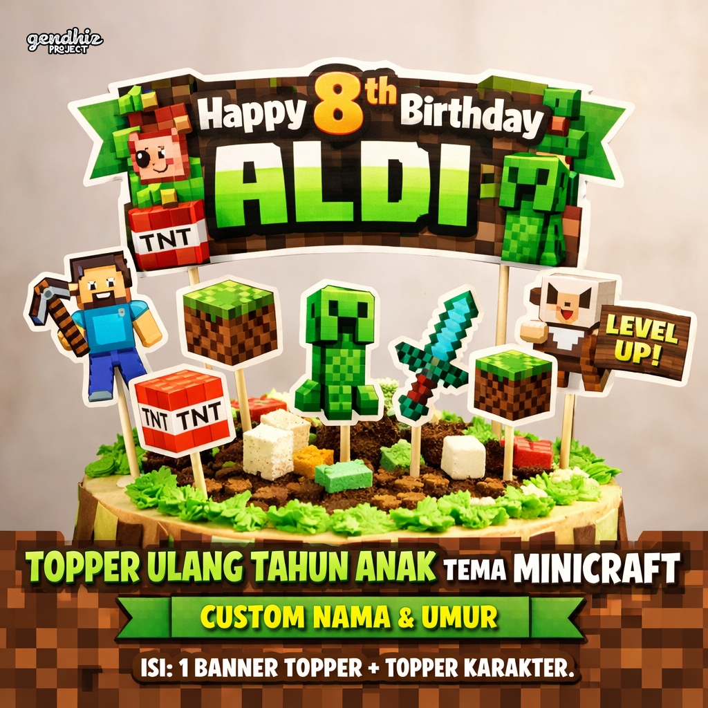 Topper Ulang Tahun Minecraft Anak Custom | Hiasan Kue Birthday Minecraft Nama & Usia