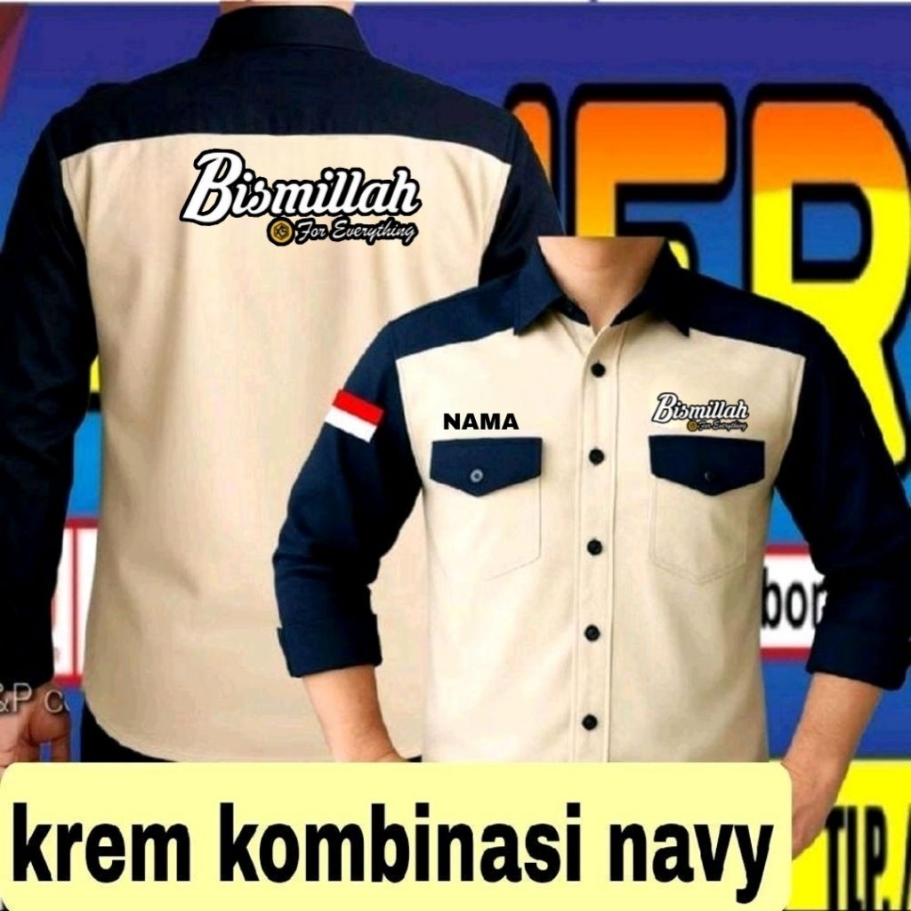 ready stok full bordir krem kombinasi navy kemeja bismillah baju bismillah seragam bismillah kemeja 