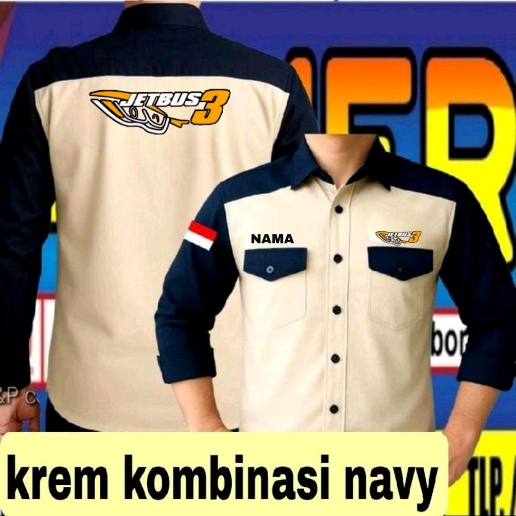 ready stok full bordir krem kombinasi navy kemeja bordir jetbus 3 kemeja jetbus 3 seragam jetbus 3 p