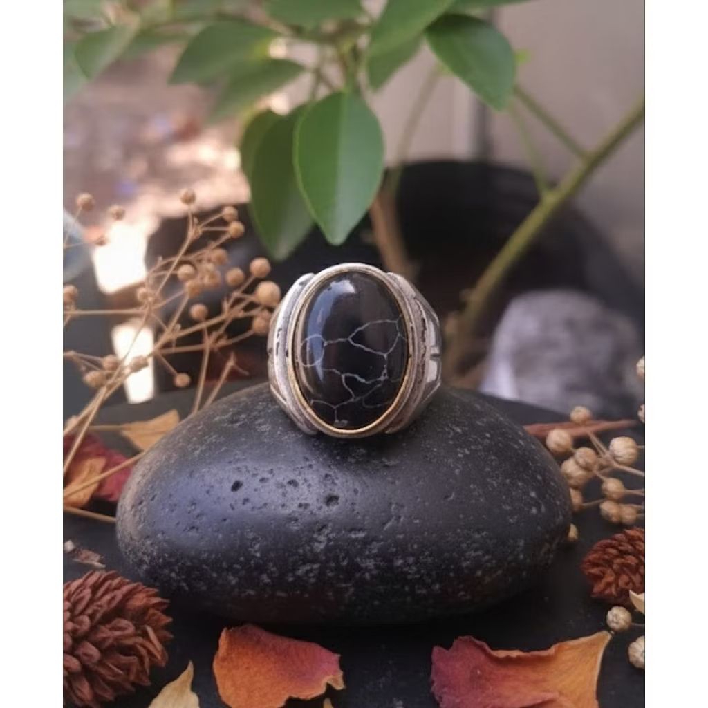 cincin batu akik pirus hitam mesir bukan Situbondo urat putih ring monel tanam