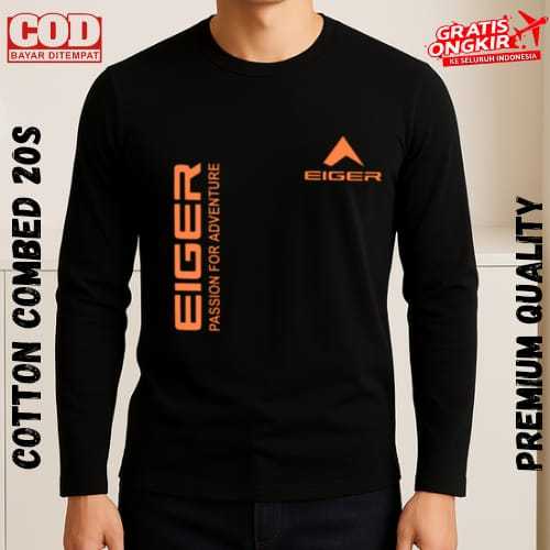 Baju Kaos Lengan Panjang  (PROMO COD) Kaos Distro Lengan Panjang Pria Wanita Eiger kirka Logo Oren -